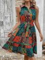 Sleeveless Plaid & Floral Print Belted Fashion Dress
