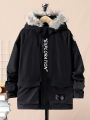 SHEIN Kids Academe Tween Boy 1pc Letter Graphic Patch Detail Fuzzy Trim Hooded Thermal Lined Coat