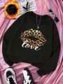 Teen Girl Letter & Lip Print Thermal Lined Sweatshirt