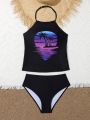 Teen Girls' Coconut Tree Printed Halter Top And Triangle Bottoms Swimsuit Fashionable Surfing Two-Piece Set
