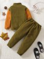 SHEIN Kids SPRTY Young Boy Letter Embroidery Two Tone Teddy Sweatshirt & Pants