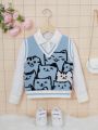 SHEIN Girls' Casual V-Neck Cat Pattern Sleeveless Sweater For Toddler Girls