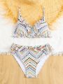 Printed Swimsuit Set With Lace Trim For Tween Girls