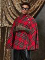 SHEIN Men Tartan Print Mock Neck Cloak Sleeve Overcoat