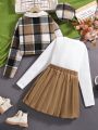 SHEIN Kids Nujoom Girls' Flap Pocket Plaid Jacket With Long Sleeve T-Shirt And Pleated Skirt Outfit