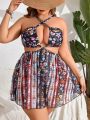 SHEIN Swim Vcay Women's Plus Size Floral Print Cutout Cross Front One Piece Swimsuit