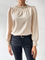 SHEIN Essnce Women's Sequin Patchwork Round Neckline Shirred Cuff Blouse