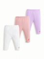 SHEIN Newborn Baby Girls' & Boys' Casual Cherry Pattern Elastic Waist Pants Set Of 3