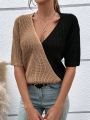 SHEIN Essnce Two Tone Drop Shoulder Wrap Front Knit Top