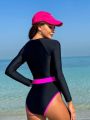 SHEIN Swim SPRTY Women's Color Block One Piece Swimsuit With Zipper Front Closure, Raglan Long Sleeve