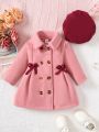 Fashionable And Elegant Two Row Button Coat With Waistband And Contrasting Bow For Baby Girls