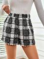 SHEIN Privé Plaid High Waisted Shorts With Fringe Trim