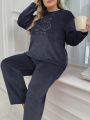 Plus Size Flannel Pajama Set With Embroidered Bear Pattern