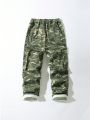 Teenage Boys' Vintage Camouflage Multi-pocket Wide Leg Comfortable Denim Straight Cargo Pants, Street Style