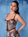 SHEIN BAE Elegant Ladies' Leopard Print Mesh Bustier Corset Fishbone Strap Tank Top With Chest Cup