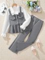 SHEIN Kids EVRYDAY Girls' (Big) Faux Two-Piece Long Sleeve Top And Pants Set With Bow Decoration