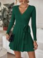 SHEIN LUNE V-neck Pleated Hem Belted Sweater Dress