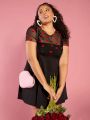 SHEIN CURVE+ Women's Plus Size Black Mesh & Heart Design Round Neck Skirt