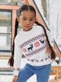 SHEIN Young Girl Christmas Elk & Geo Pattern Drop Shoulder Sweater