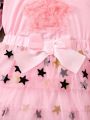 SHEIN Kids QTFun 2pcs/set Girls' Lovely Star Printed Mesh Long Sleeve T-shirt And Skirt Summer Outfits