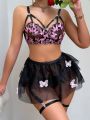 Butterfly Applique Hollow Out Sexy Lingerie Set, Suitable For Music Festival