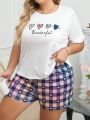 Plus Size Letter & Heart Print Short Sleeve T-Shirt And Shorts Pajama Set