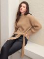 Anewsta Stand Collar Knotted Hem Side Sweater