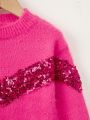 SHEIN Kids CHARMNG Young Girl Contrast Sequin Drop Shoulder Fuzzy Sweater