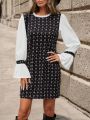 SHEIN Clasi Contrast Color Flared Sleeve Geometric Pattern Dress