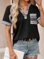 Women's Printed Spliced Notched Neck T-Shirt