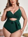 SHEIN Swim Basics Plus Size Solid Color Hollow Out One-Piece Swimsuit