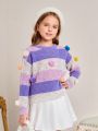 SHEIN Kids CHARMNG Tween Girls' Romantic Loose Fit Color Block Sweater With Pom-pom Embellishments And Round Neckline