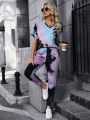 SHEIN LUNE Tie-Dye V-Neck T-Shirt And Pants Set