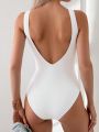 SHEIN Swim Basics Women's Solid Color One Piece Swimsuit With Open Back Design