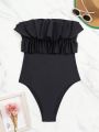 SHEIN Swim Chicsea Solid Color Ruffle Trimmed High Cut One-piece Swimsuit