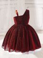 Little Girls' Asymmetrical Neckline Sleeveless Princess Style Tulle Dress With Bow Decoration, Perfect For Party In Autumn