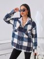 SHEIN Essnce Ladies' Plaid Turn-down Collar Woolen Overcoat With Flap Pockets