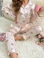 Floral Print Contrast Piping Satin PJ Set