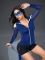 Women's Breathable Mesh Cut Out Sports Sweater Blue Jacket Slim Fit Summer Top, Activewear Matching Outfits 2024