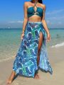 SHEIN Swim Vcay Criss Cross Bikini Set + Tropical Print Beach Skirt