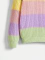 SHEIN Tween Girls' Striped Stand Collar Sweater With Color Block Design