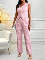 SHEIN Lady Allover Print Vest Blazer & Pants