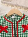 Young Girl Houndstooth Print Bow Front Jacket & Fold Pleated Skirt