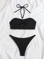 SHEIN Swim SXY Rhinestone Decorated Halter Top And Triangle Bottom Bikini Set