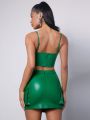 Mienne Bustier Crop PU Leather Cami Top & Flap Pocket Skirt