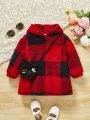 SHEIN Baby Girls' Cute & Cozy Plaid Fleece Loose Hooded Dress With Rabbit Plush Crossbody Bag