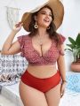 SHEIN Swim Classy Plus Size Printed Swimwear Set With Ruffled Hem And Back Knot Design