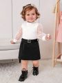 SHEIN Baby Girls' Elegant & Romantic Knitted Heart, Polka Dot Tulle Skirt With Belt Set