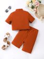 SHEIN Kids EVRYDAY 2pcs/Set Tween Girls' Stand Collar Short Sleeve T-Shirt And Basic Shorts Casual Outfit