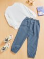 SHEIN Toddler Boys' Casual Street Style Letter Printed Top And Solid Color Long Pants 2pcs/Set Outfits